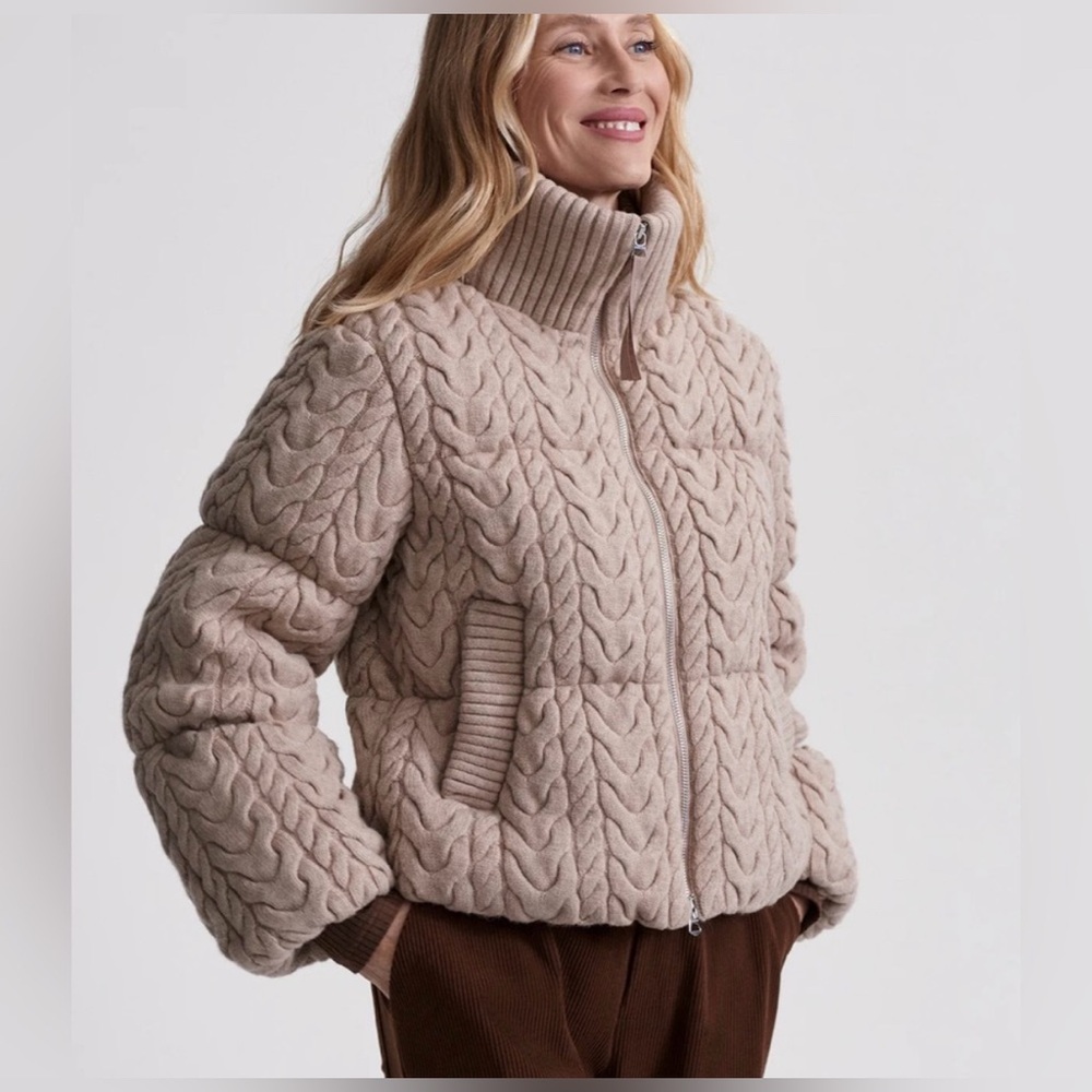 Varley Quilted Cable-Knit Puffer Jacket in Light Beige